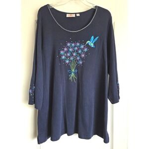 Quacker Factory Navy Hummingbird Floral Rhinestone Top Sz 2X Cotton 3/4 Sleeve